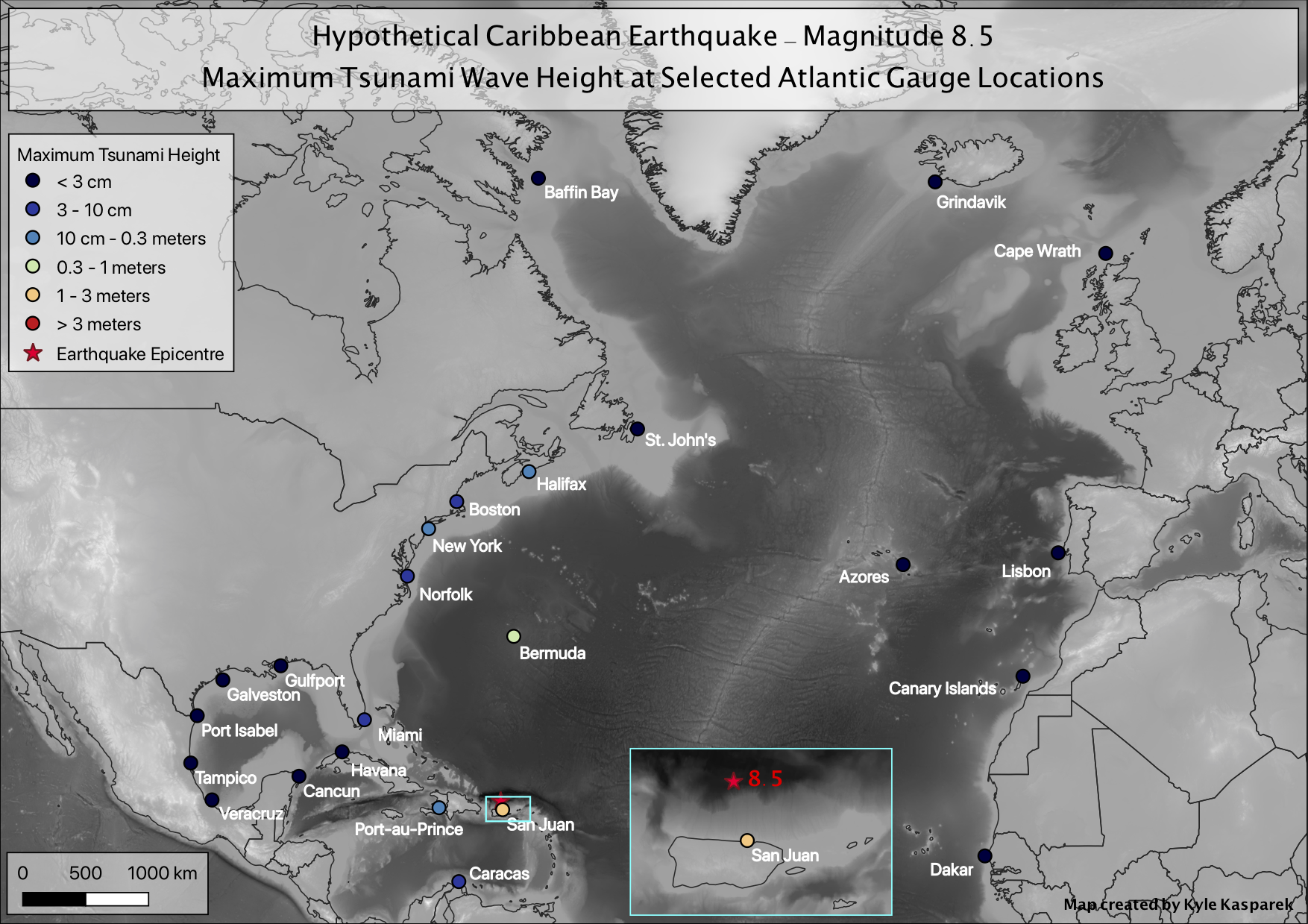 Caribbean 8.5Mw Tsunami Wave Height